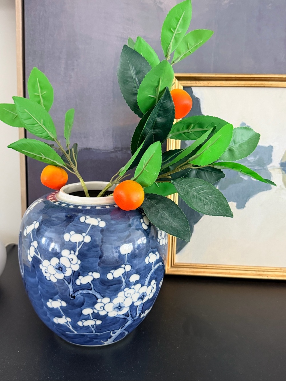 Artificial Orange Fruit Stem with Green Leaves